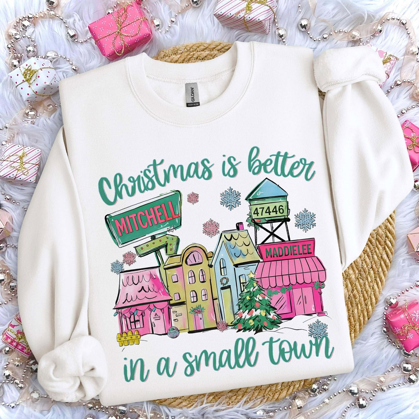 Christmas Pink Theme Small Town Mitchell Tee - Crew