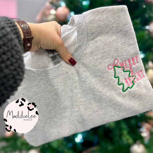 Merry & Bright Pink Embroidery Crewneck