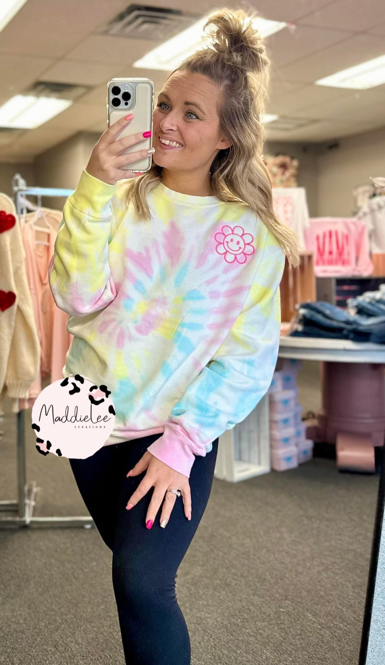 Flower Smiley Embroidered Tie Dye Crewneck